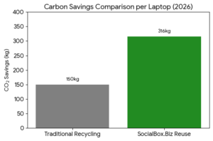 Reusing laptops can save at least double the CO2 compared to recycling and IT disposal for UK companies, boosting environmental and social impact. Reusing laptops can save at least double the CO2 compared to recycling and IT disposal for UK companies, boosting environmental and social impact.